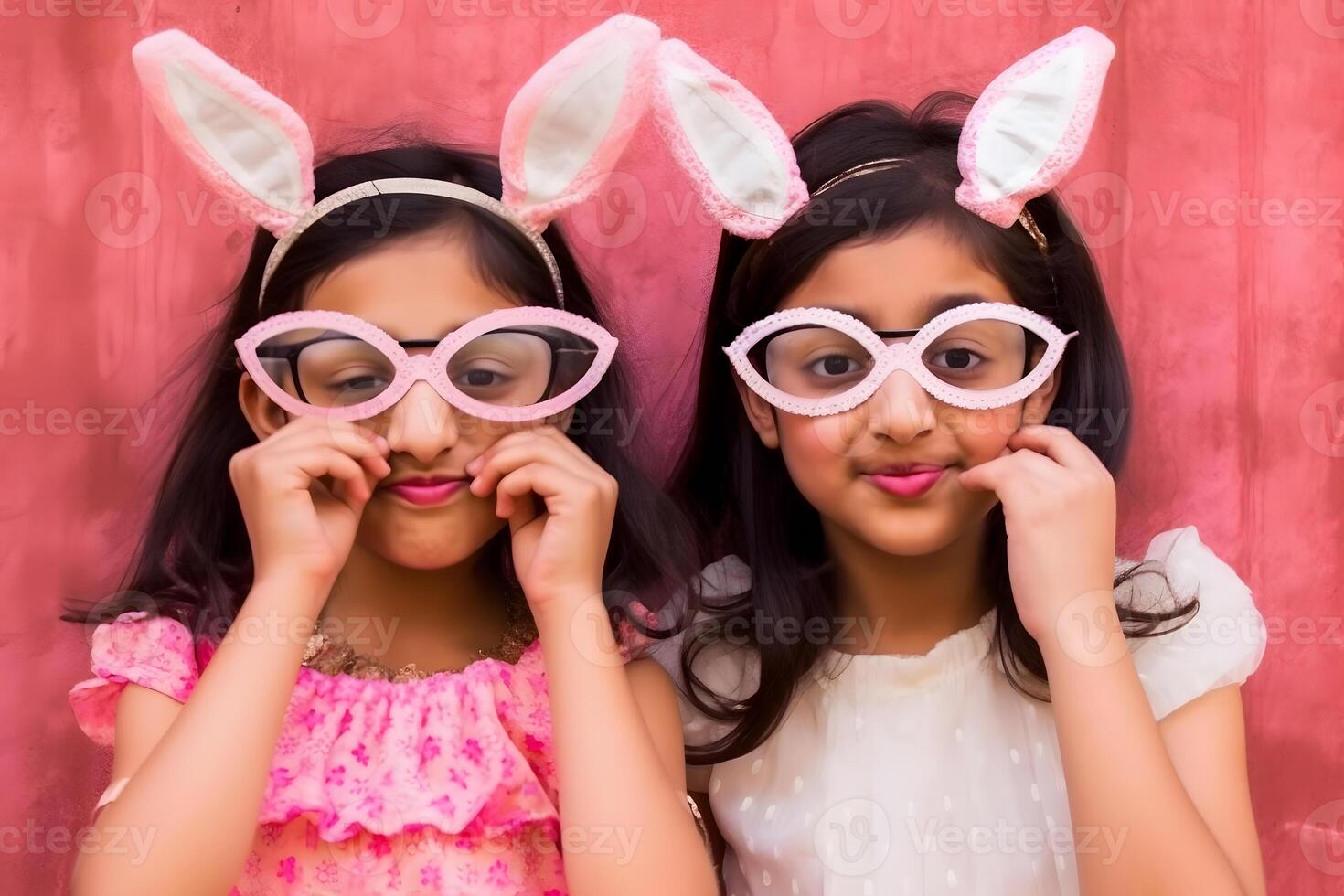 Happy hispanic girls in bunny ears. Neural network photo