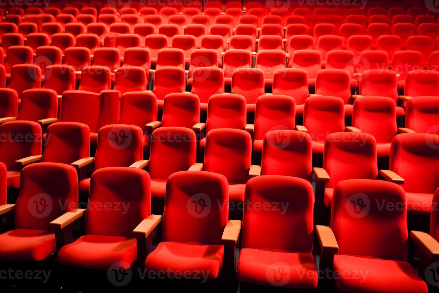 Empty cinema hall with red seats. Movie theatre. Neural network photo