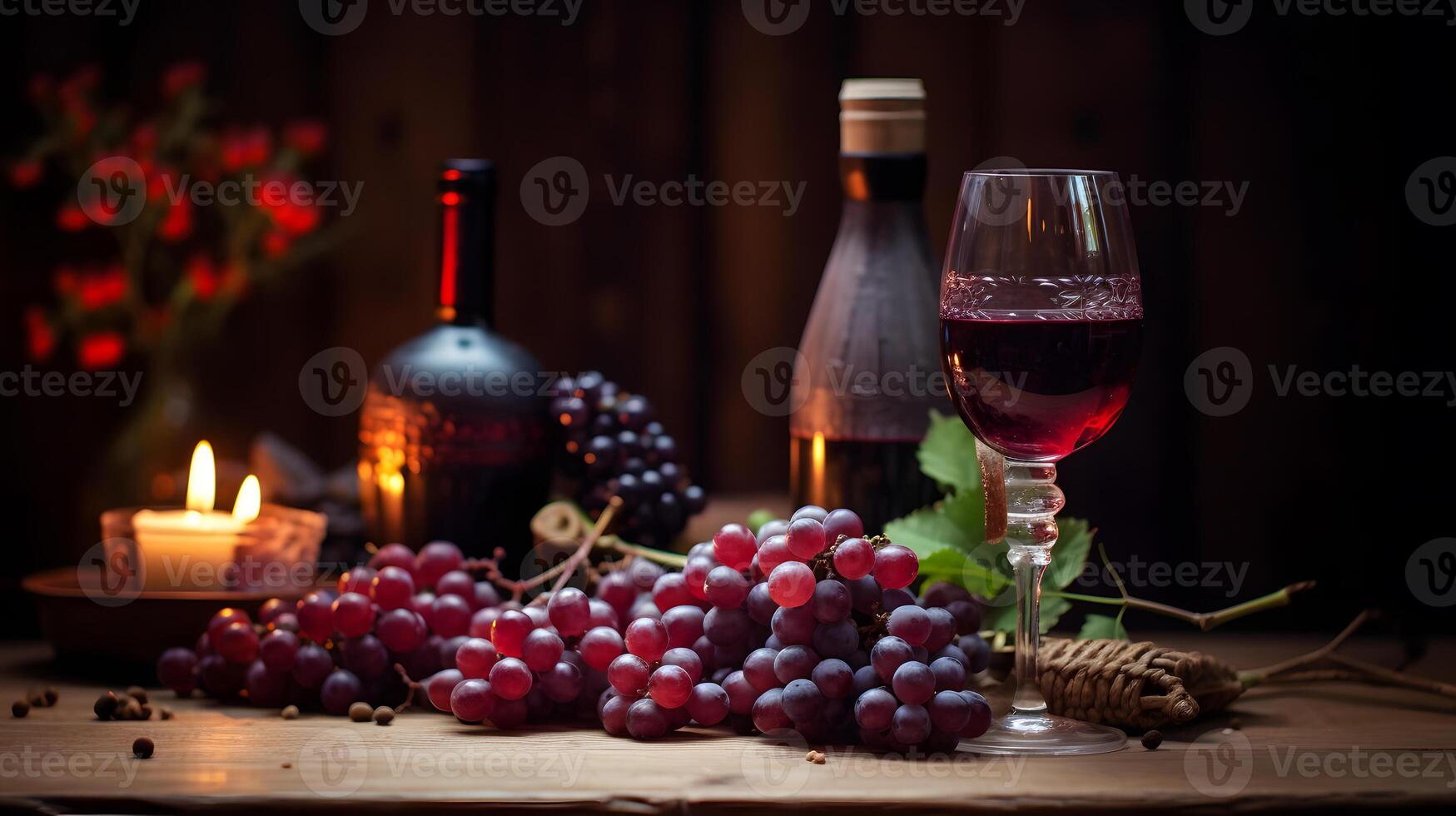 Bottle and glass of wine with bunch of grapes. Neural network photo