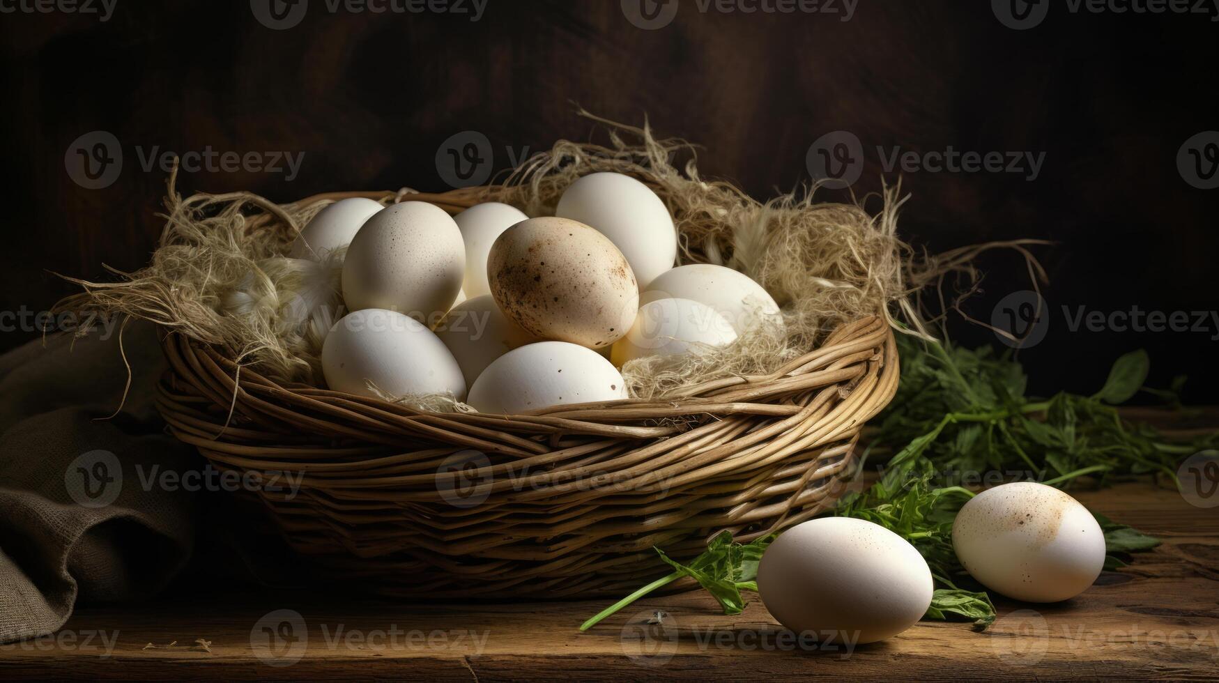 Many fresh organic eggs in a large basket. Neural network photo