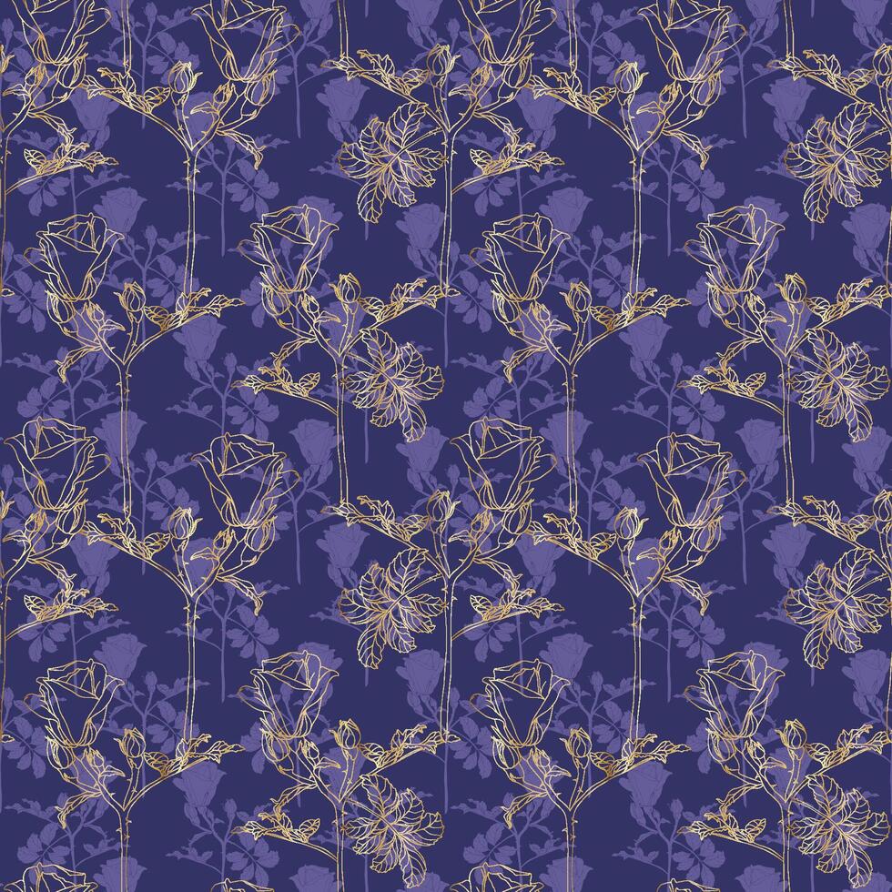 Little roses silhouette and golden foil flower with leaves. Violet hand drawn nature seamless pattern for textile, floral greenery for surface design of fabric, wallpaper, scrapbook. background. vector