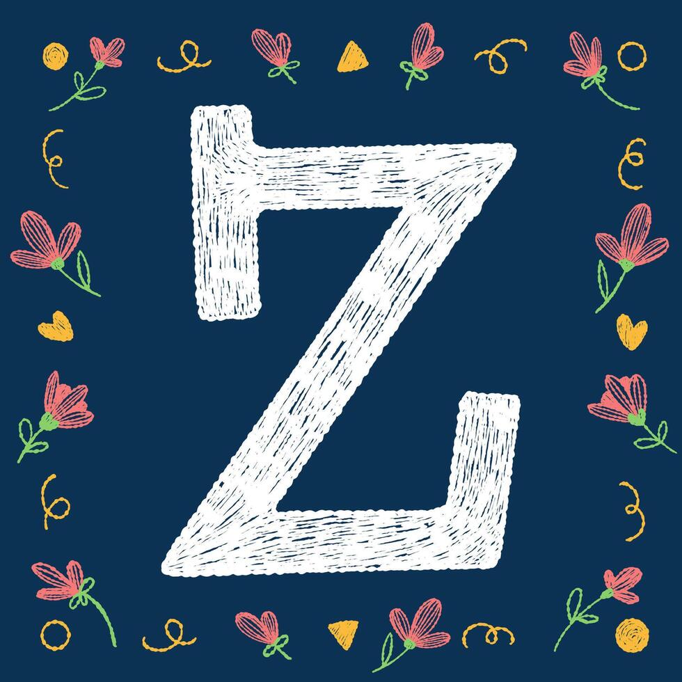 Playful hand-drawn chalk textured alphabet letters with decorative elements on a blue background, ideal for educational and creative design projects. vector