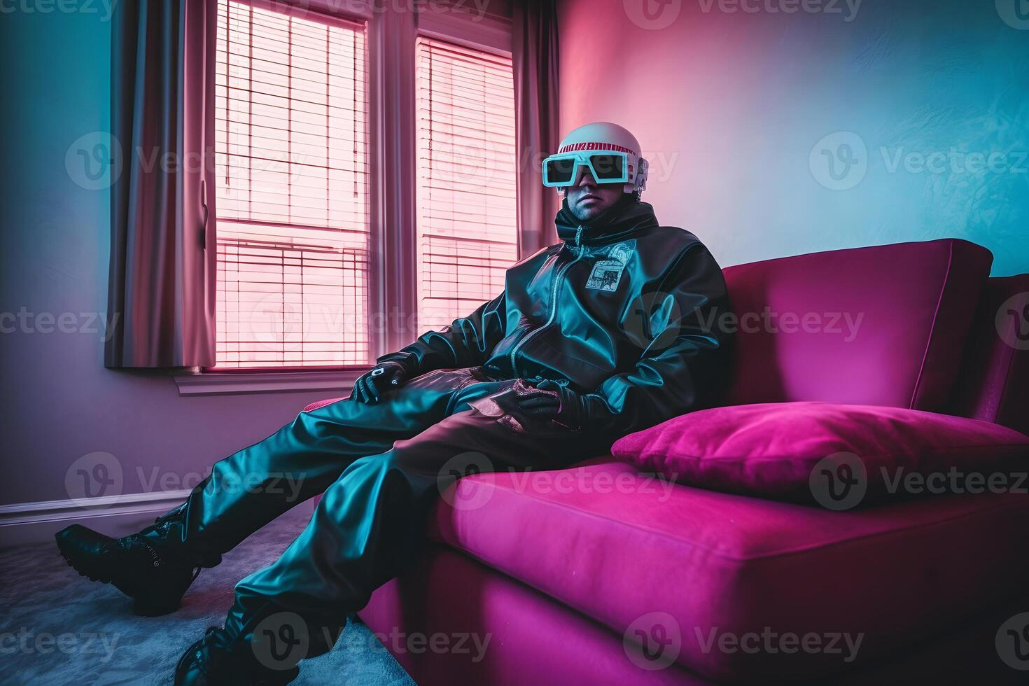 Man in alien suit, retrofuturism interior. Neural network photo