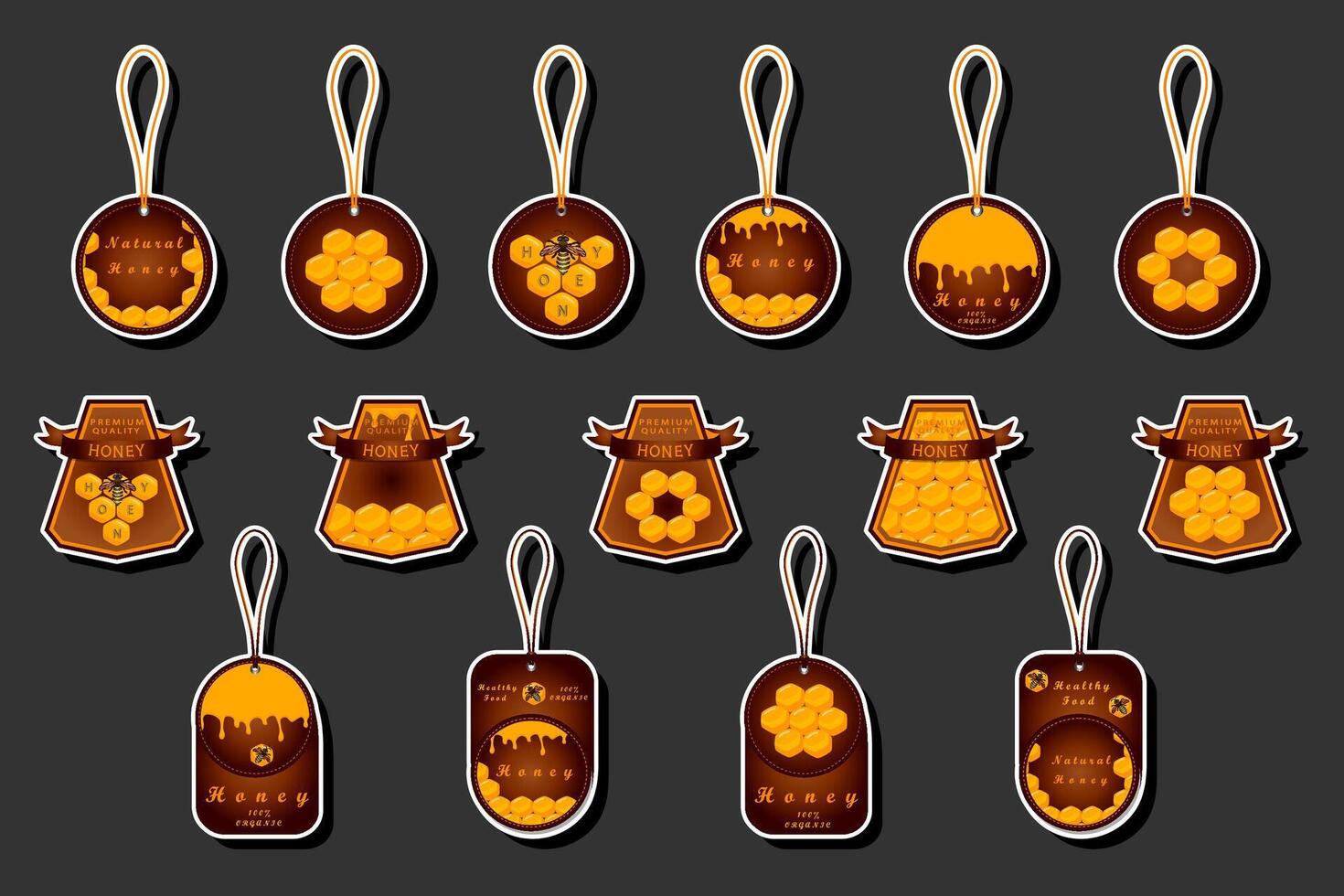 Illustration on theme for label of sugary flowing down honey in honeycomb with bee vector