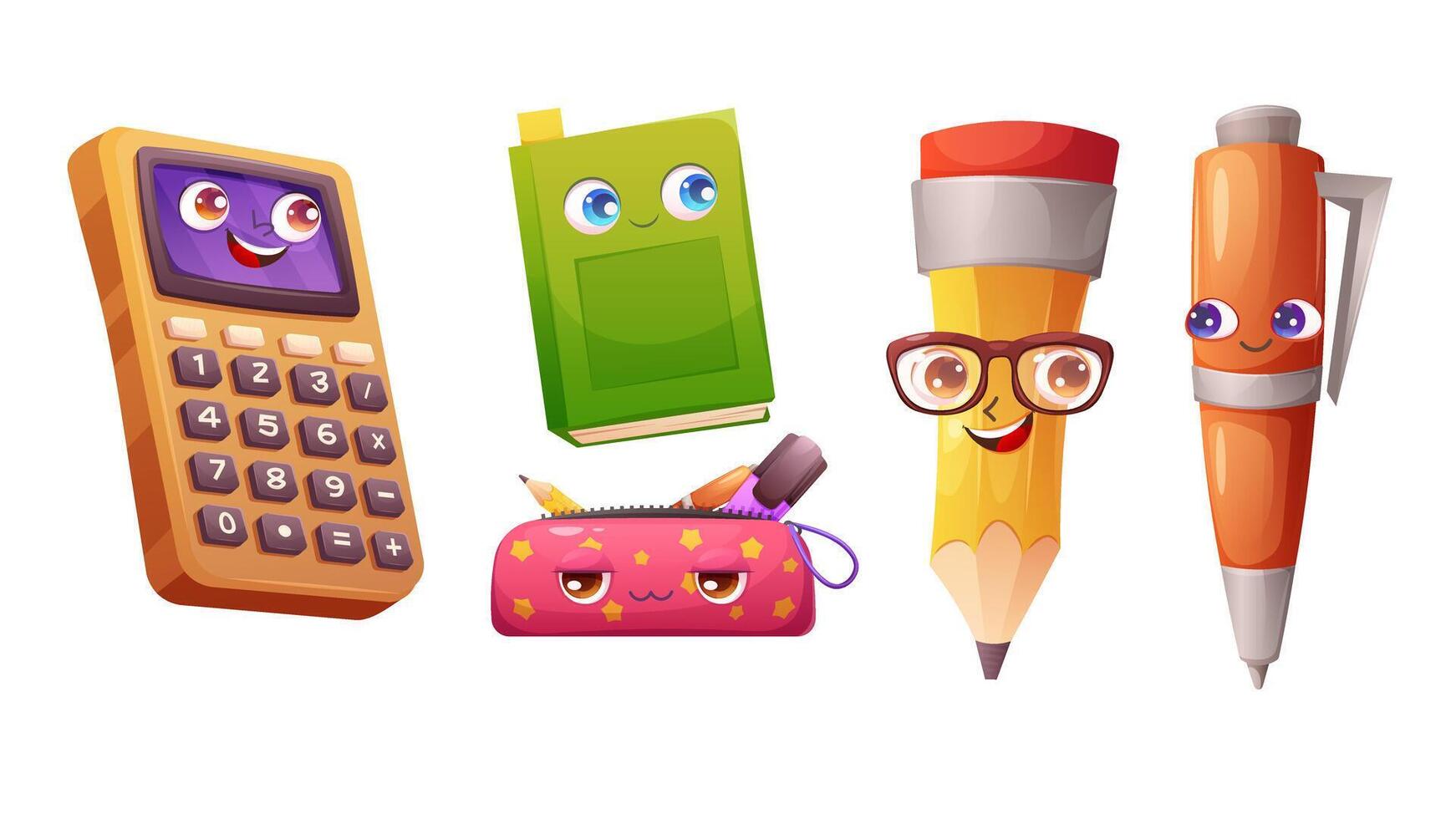 School stationery cartoon characters. Calculator, pencil case, pencil, book with eyes and hands. elements for design, back to school vector