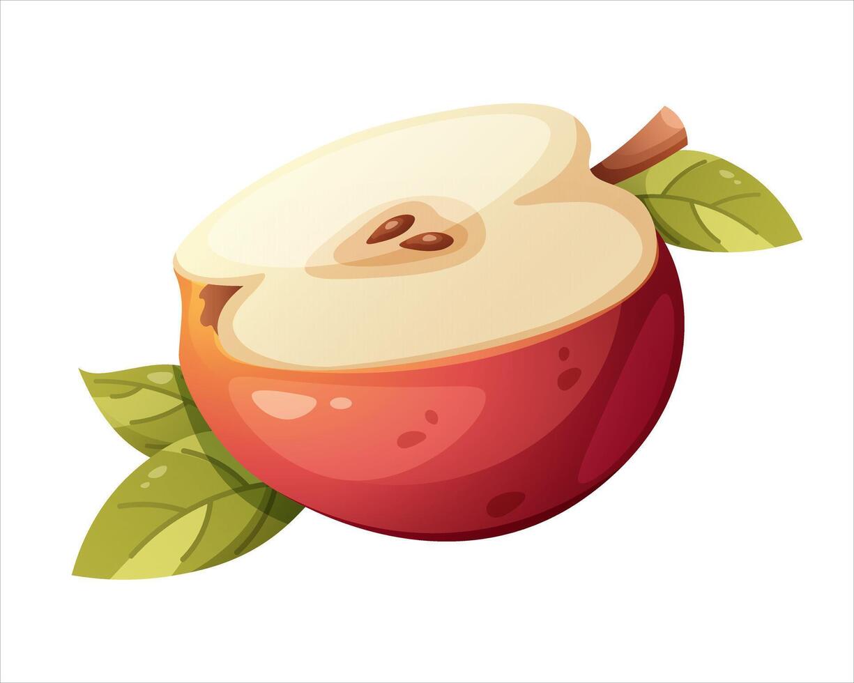 Half red apple with leaves. Autumn harvest. icon on white background vector