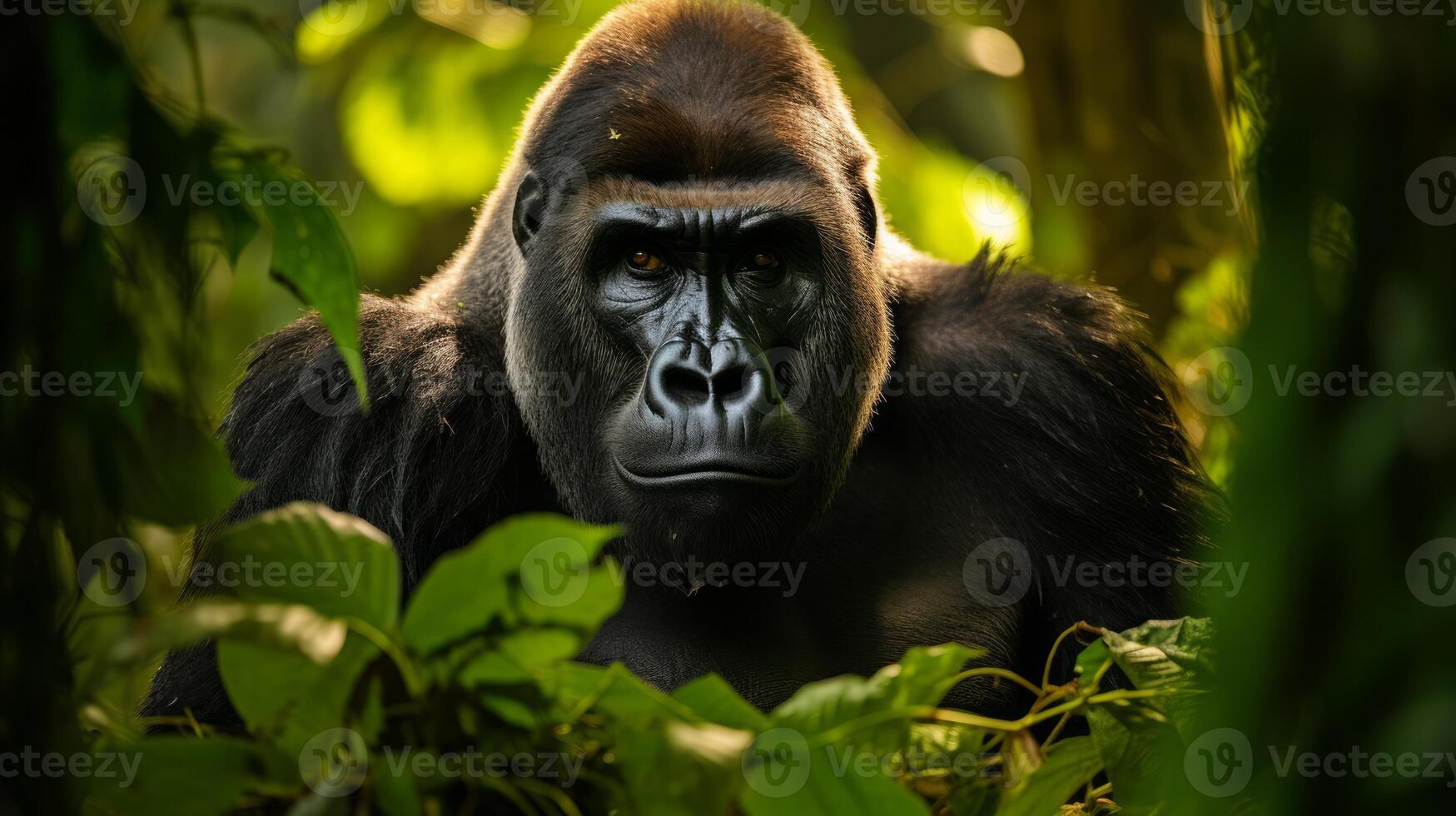 A silverback mountain gorilla in a rainforest. Neural network photo