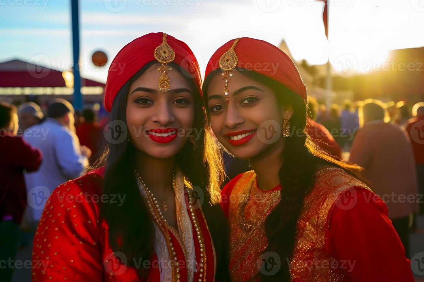Happy youth students against sunset background. Neural network photo