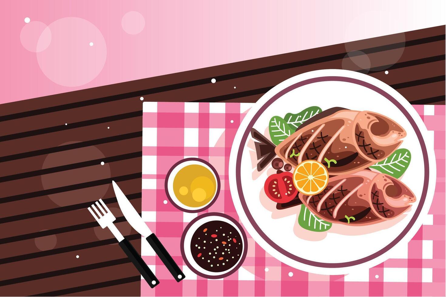 Grilled fish with herbs and lemon vector