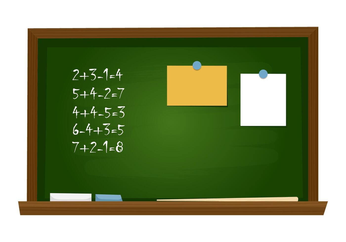 Blackboard with maths equations, stickers and chalk vector