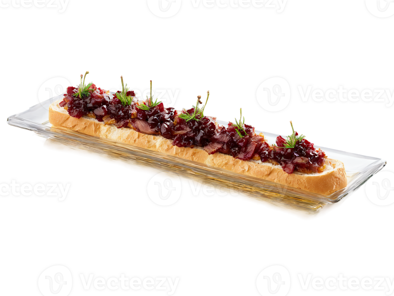 Canapes smoked duck and cherry chutney on a baguette slice served on a transparent glass png