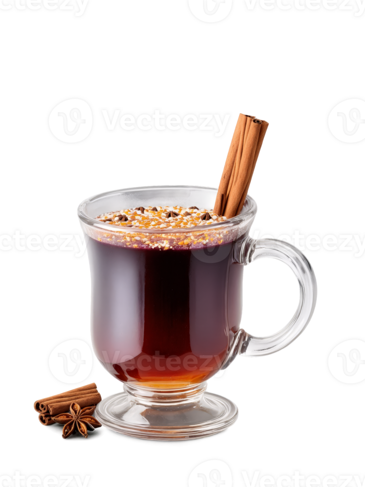Norwegian Glogg in clear mug garnished with cinnamon stick and few cloves png