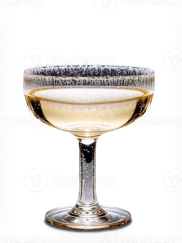 Vintage saucer champagne glass, shallow coupe silhouette, crystal glass, strings of bubbles in pale gold liquid, abstract light reflections, transparent background png