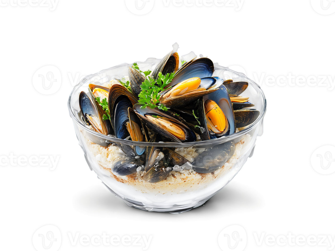 Mussels in white wine sauce with crusty bread on the side on a transparent glass png