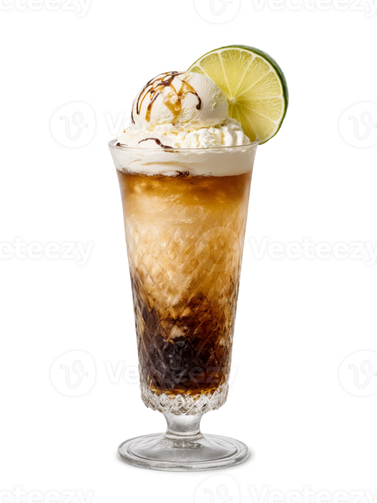 Bundy Rum and Cola Float Tall glass with ice cream rum cola and slice png