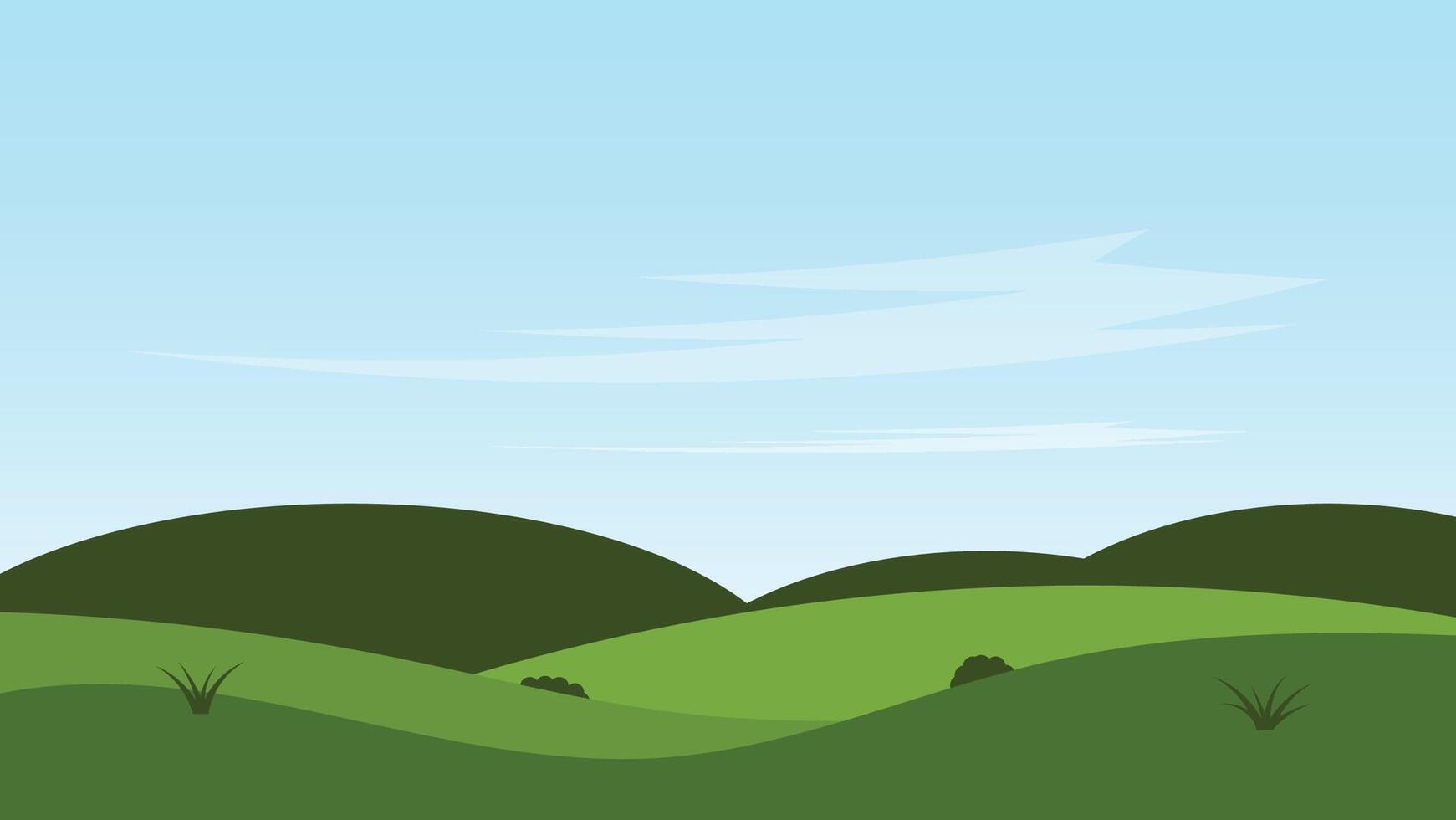 nature landscape cartoon scene with green field and blue sky and mountain background vector