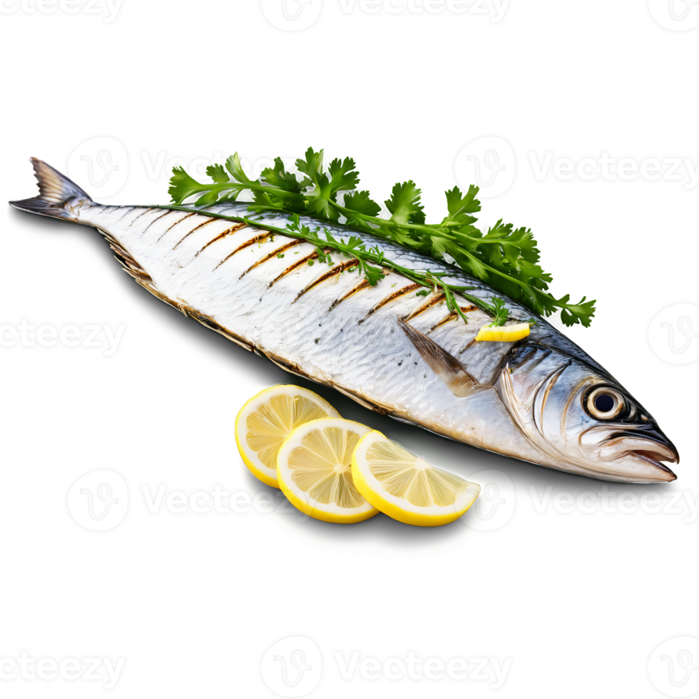 Mackerel grilled whole with crispy skin and smoky flesh garnished with fresh parsley and lemon png