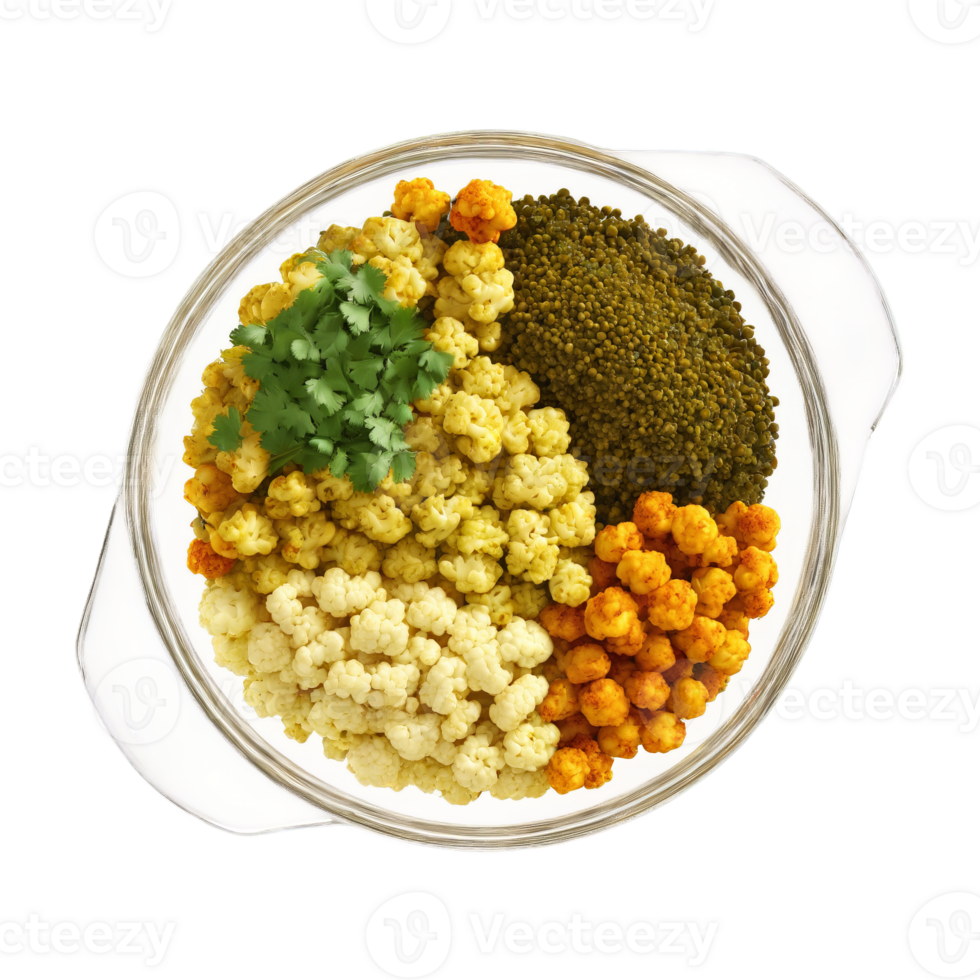 Protein packed lentil bowl with curried lentils quinoa roasted cauliflower and cilantro chutney served in png