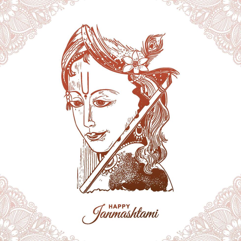 Hand draw sketch lord krishna in happy janmashtami festival card background vector