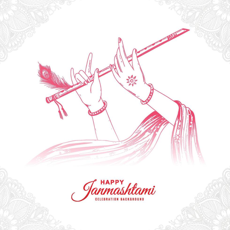Beautiful happy janmashtami with lord krishna hand playing bansuri sketch festival design vector