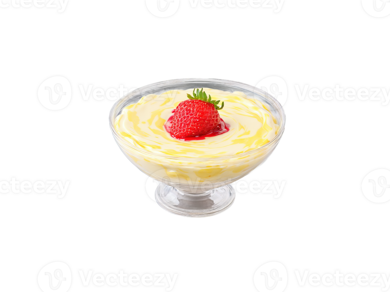 Shrikhand with Strawberry Creamy shrikhand swirled with strawberry puree served in a transparent glass bowl png