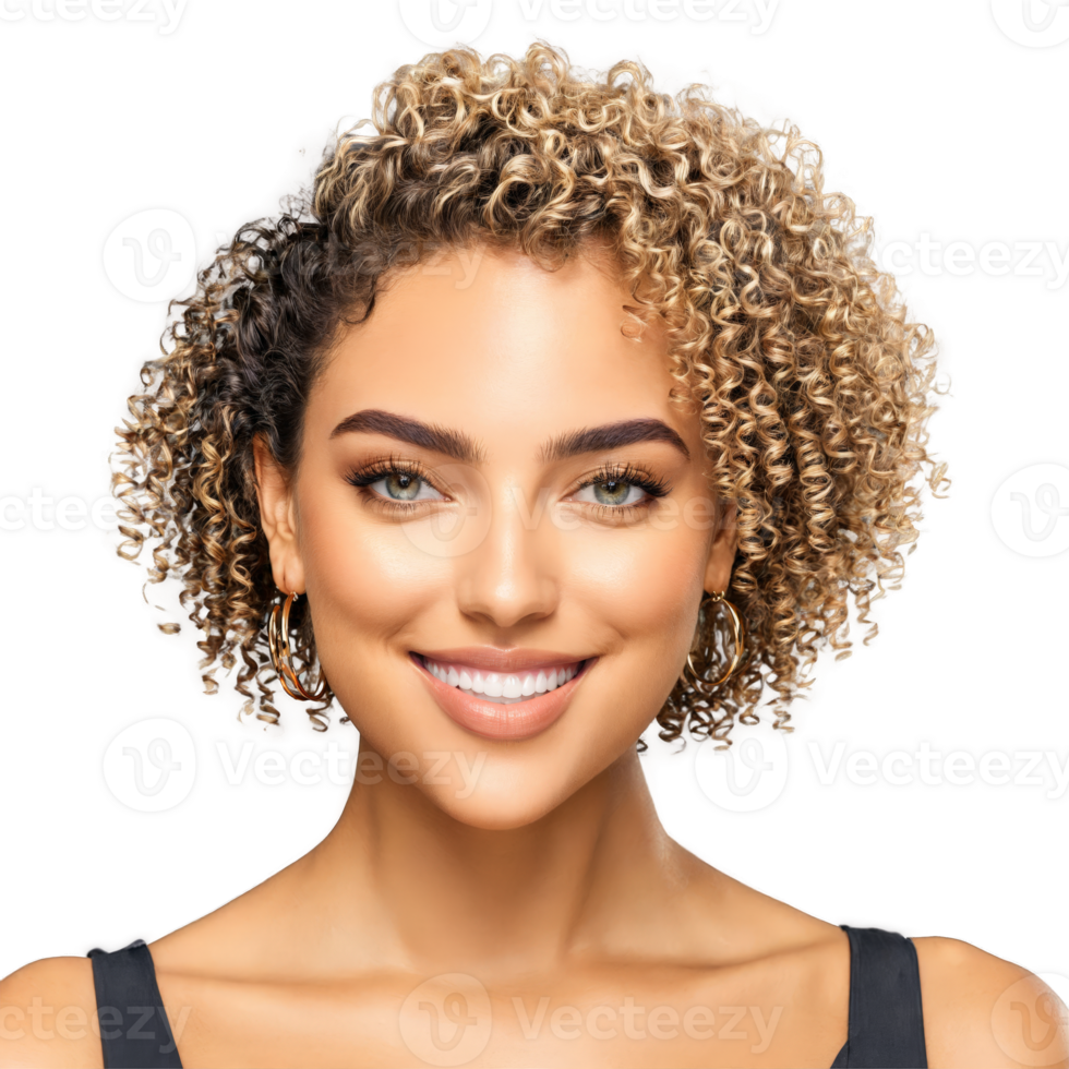 elena uma lindo mulher com encaracolado cabelo e aro brincos sorridente com confiança com dela cabeça png