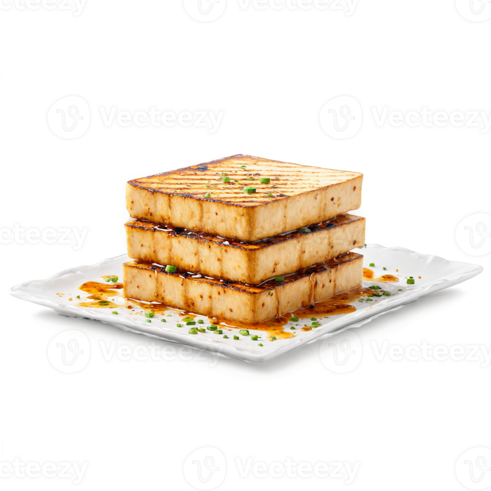 Firm tofu slices crisp and golden flipping and sizzling with a misty spray of marinade png