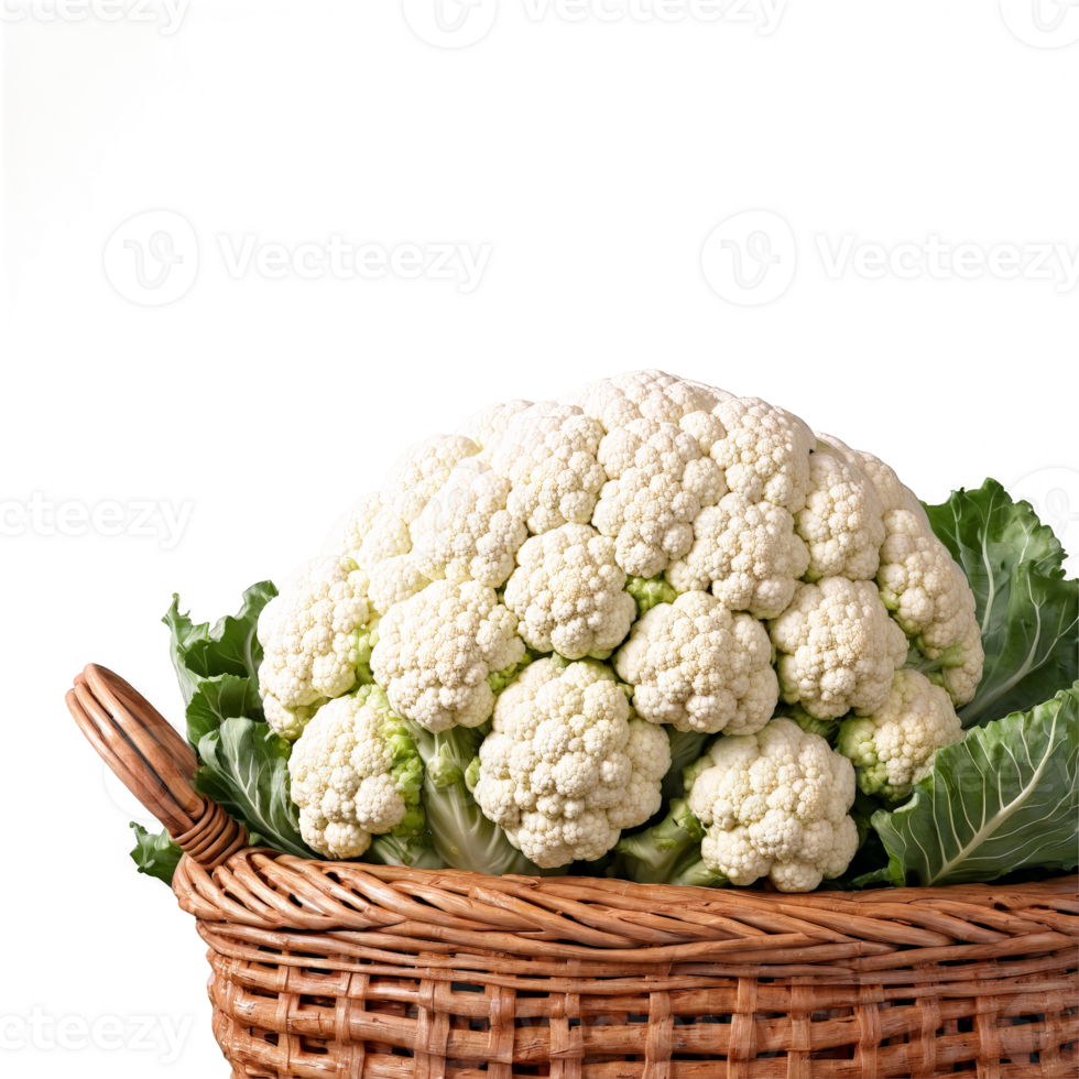 Cauliflower brassica oleracea white whole and florets swirling around old wicker basket water droplets Food png