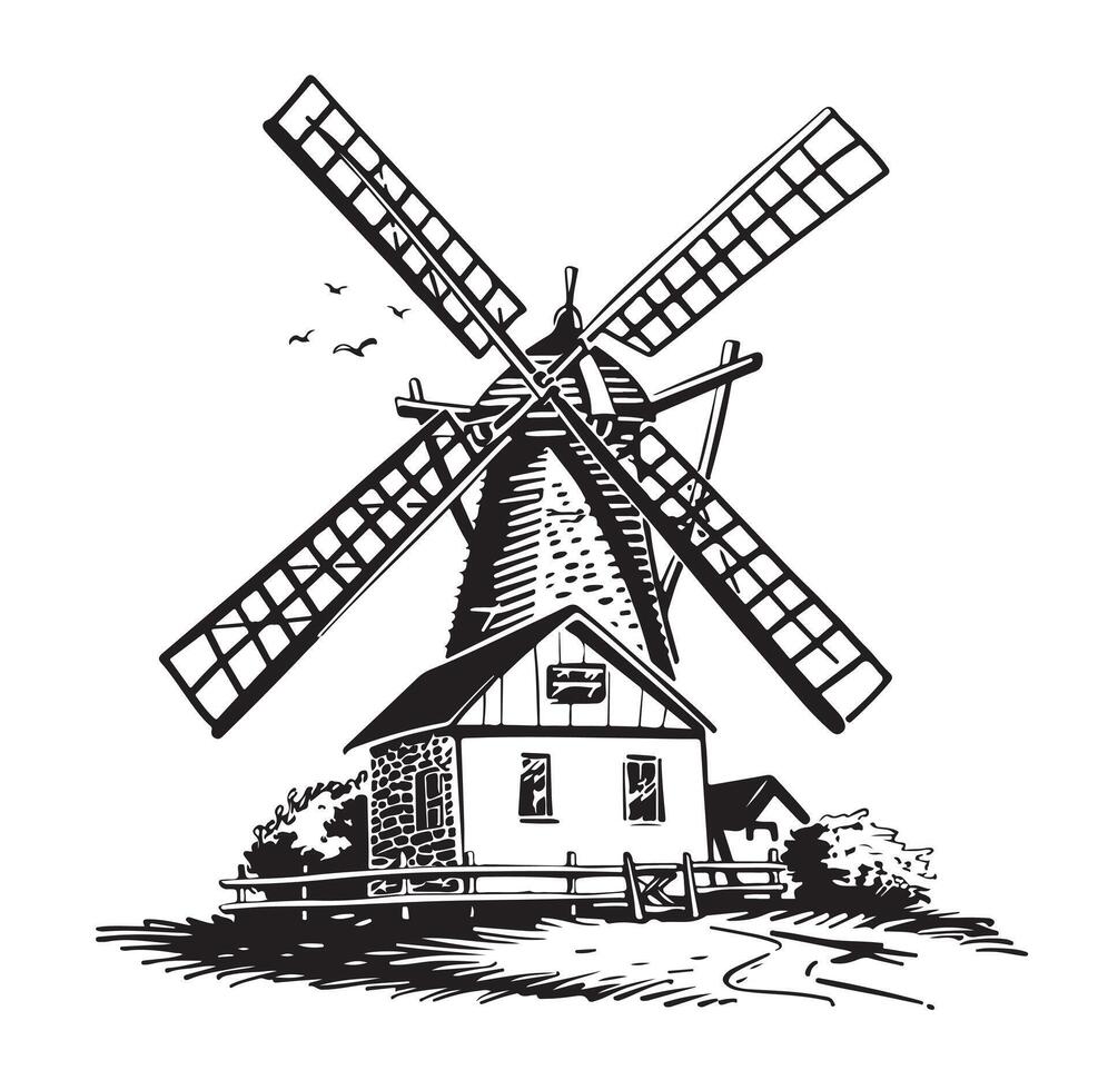 Old wooden windmill, sketch. vector