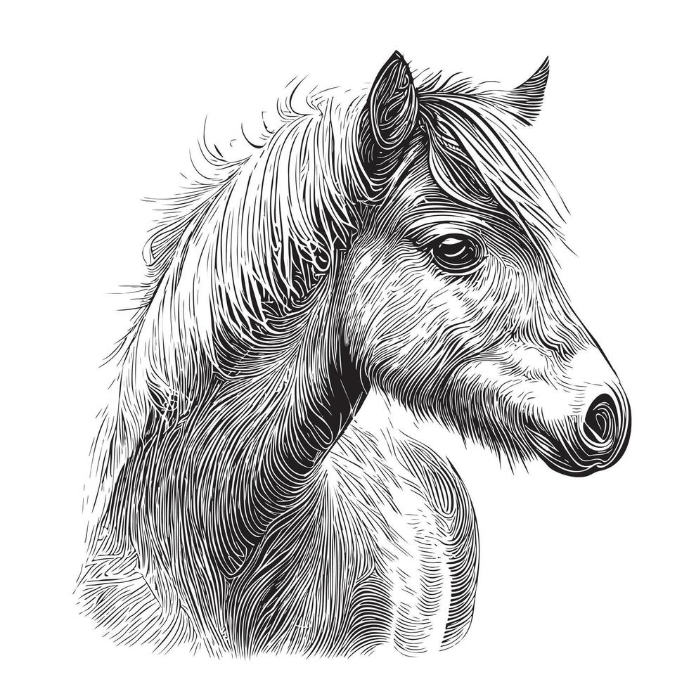 Horse pony portrait hand drawn sketch illustration, Wild animals vector