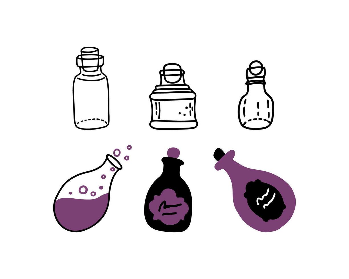 Set of different potion bottles. Magical elixir with bubbles in a flask. Old glass bottles of pirates. Magical elixir of a witch or wizard. Cute spooky cartoon style. vector