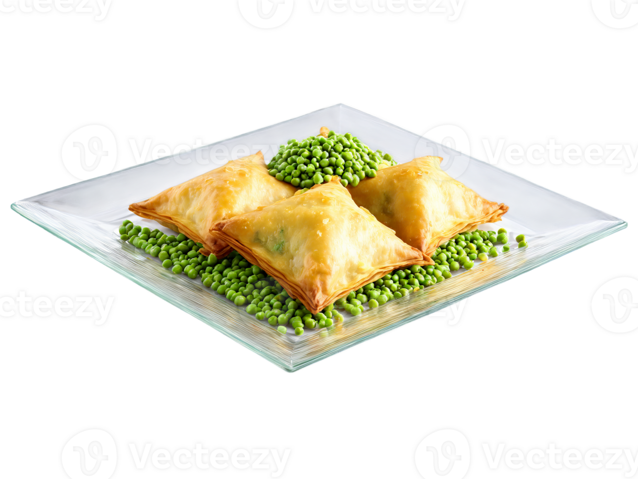 Vegetarian samosas with peas and potatoes served on a transparent glass plate Indian and spiced png