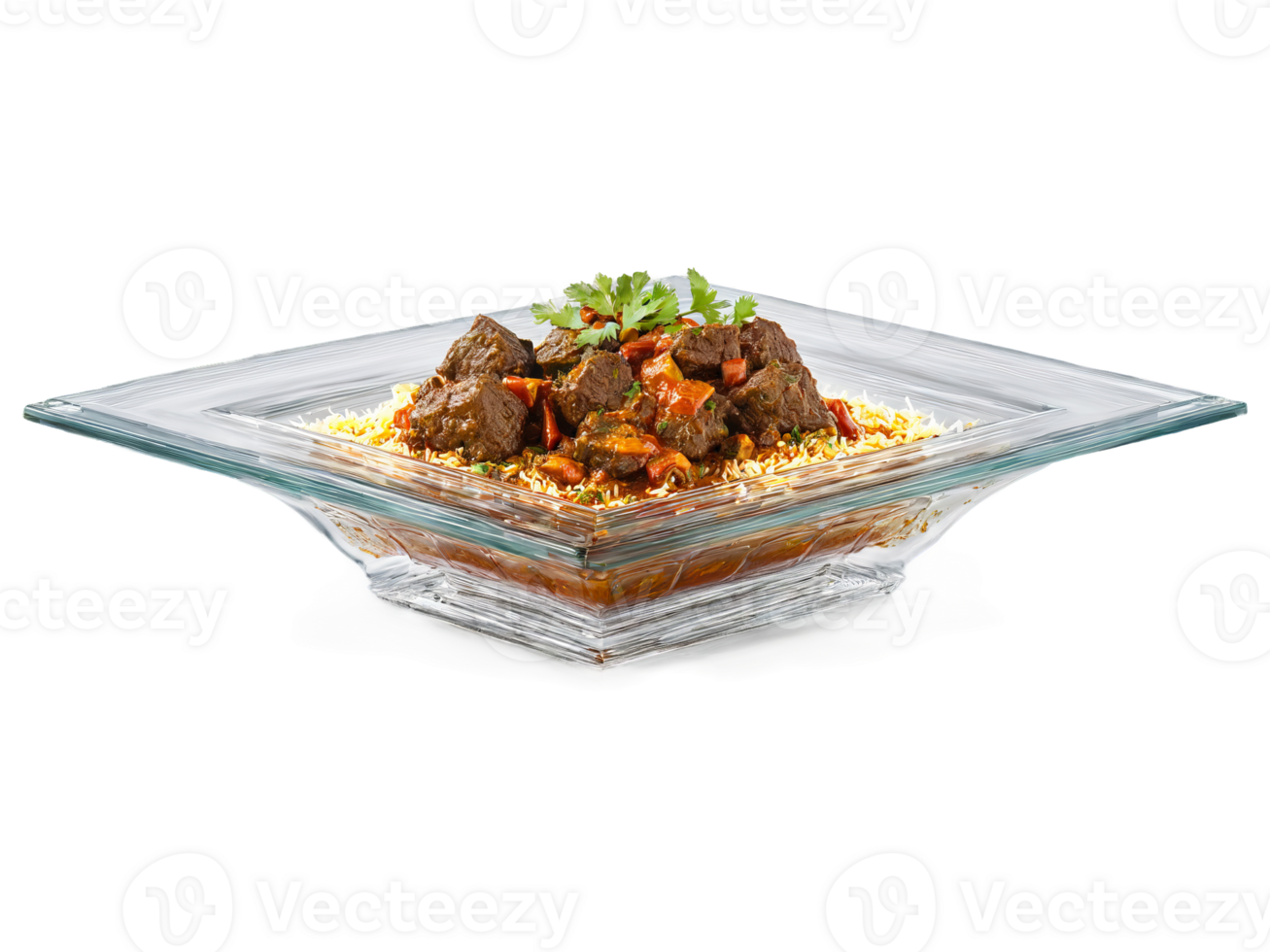 Lamb Madras with a hot and sour curry served on a transparent glass dish fiery png