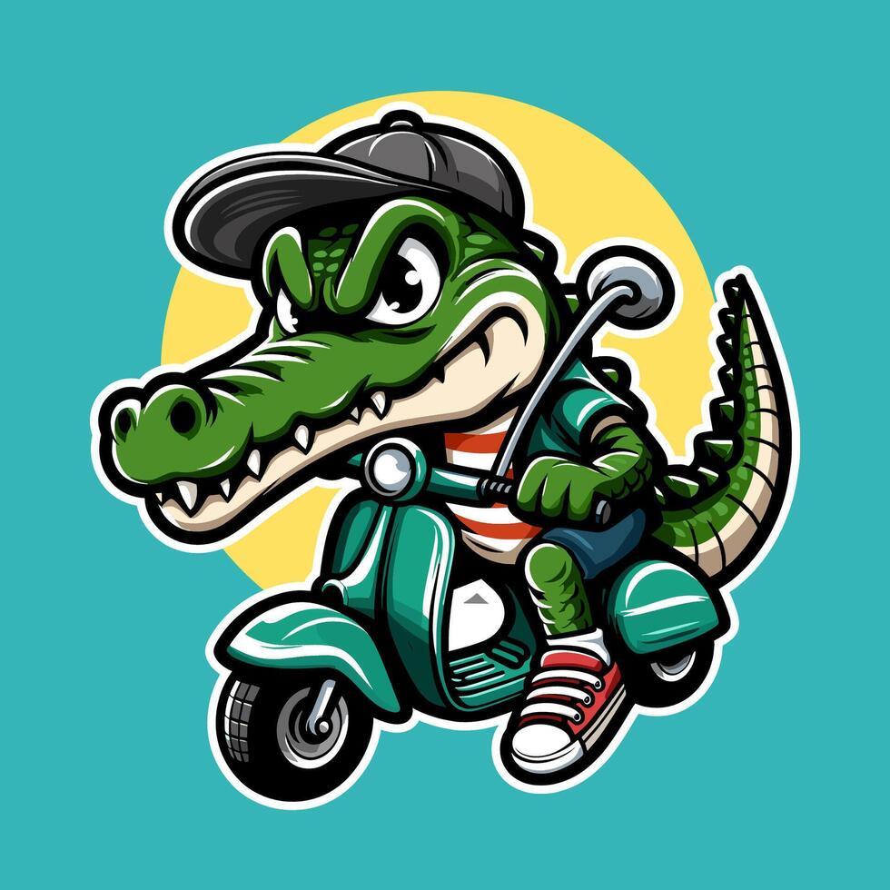 Cool Crocodile riding vespa scooter Cartoon Illustration vector