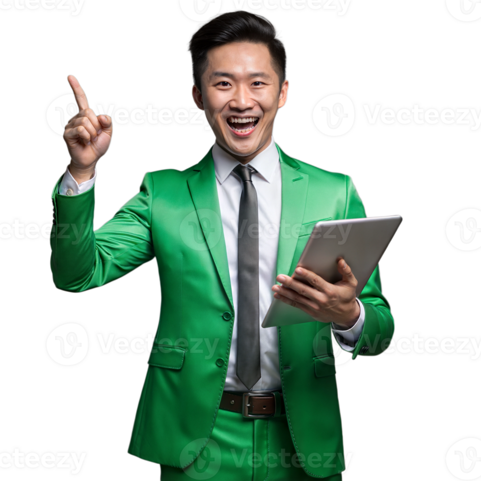 Man in green suit holding a tablet and pointing upwards, smiling png