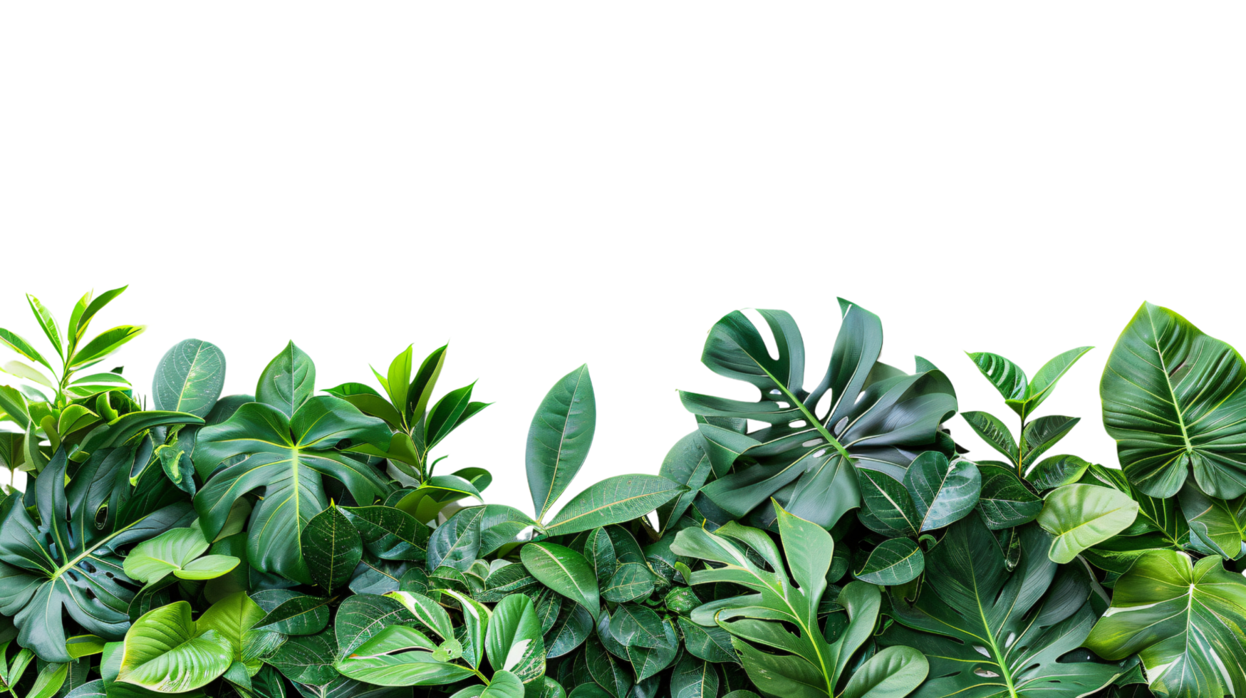 Tropical green leaves plants bush monstera, palm, fern, pine, floral arrangement isolated on transparent background png