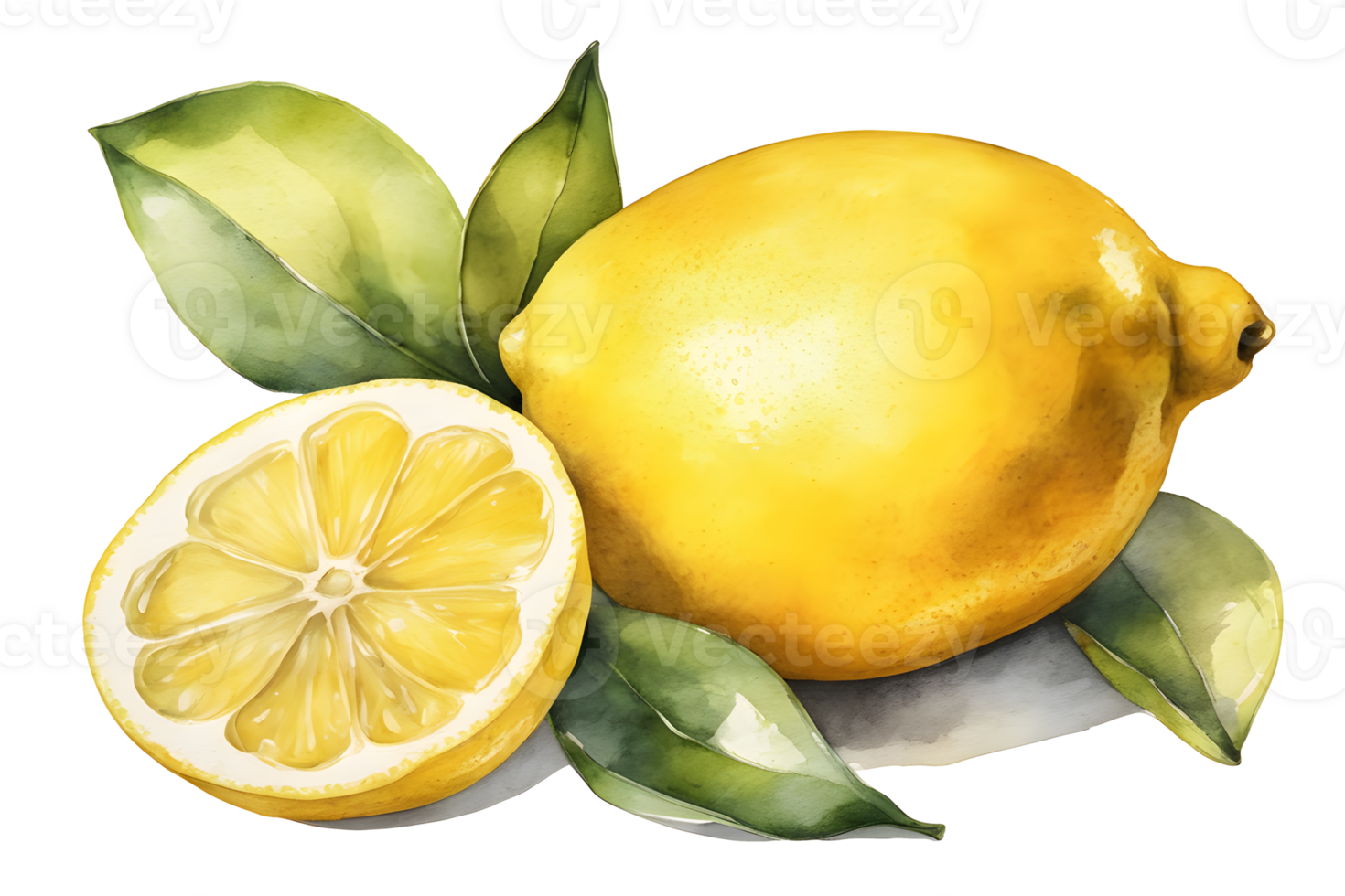 Illustration of fresh lemons with leaves, whole and sliced, on a transparent background, painted in watercolor, light color, pastel png