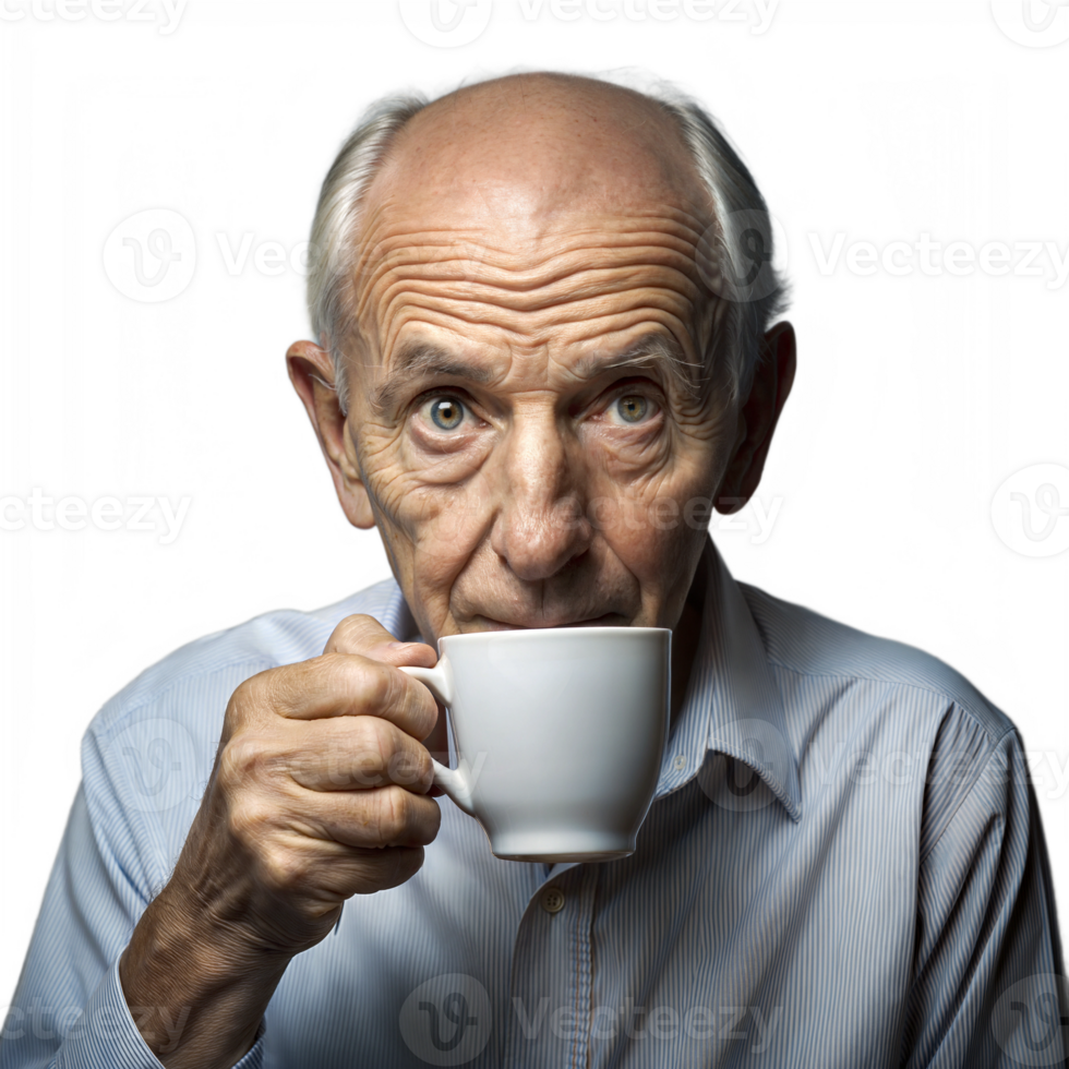 Elderly man drinking coffee from a white mug on transparent background png