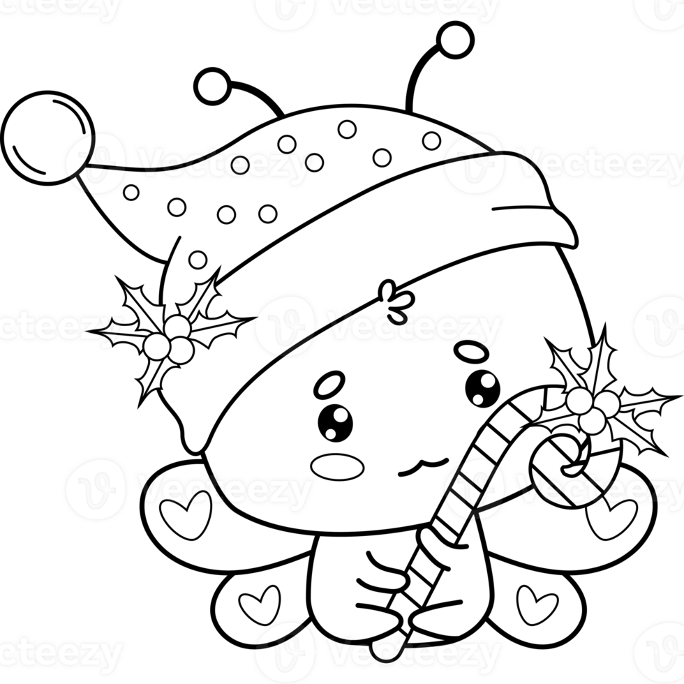 Outline Christmas butterfly in Santa hat png