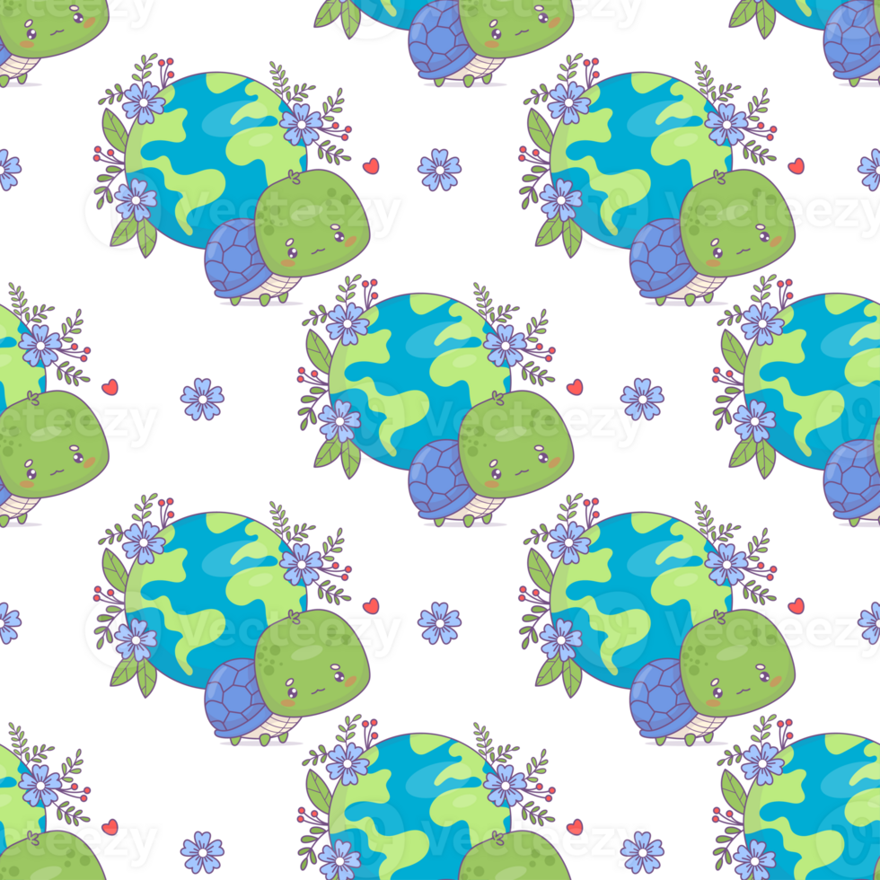 Seamless pattern. Ecological turtle with planet Earth png