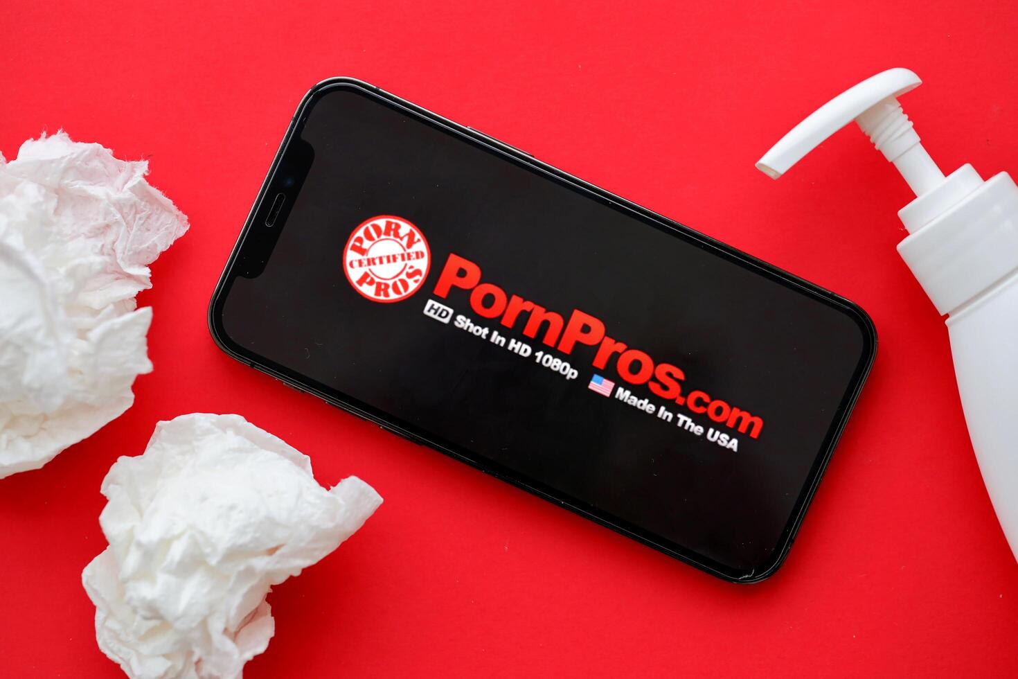 KYIV, UKRAINE - JANUARY 23, 2024 PornPros adult content website logo on display of iPhone 12 Pro photo