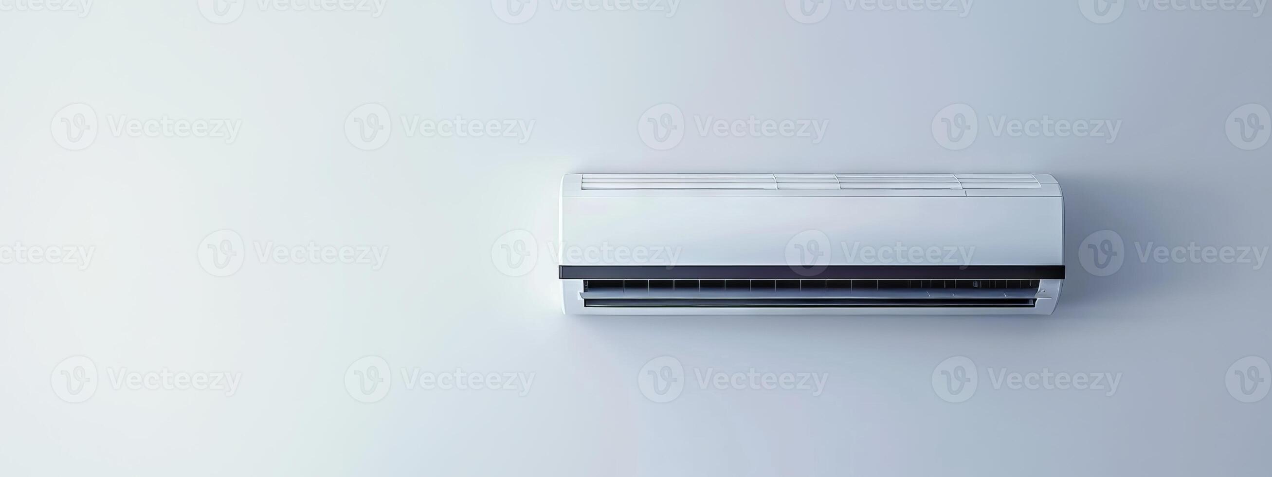 Modern white wall-mounted air conditioning unit in a minimalist room. Concept of home cooling, ventilation, HVAC system, energy efficiency. Banner. Copy space photo