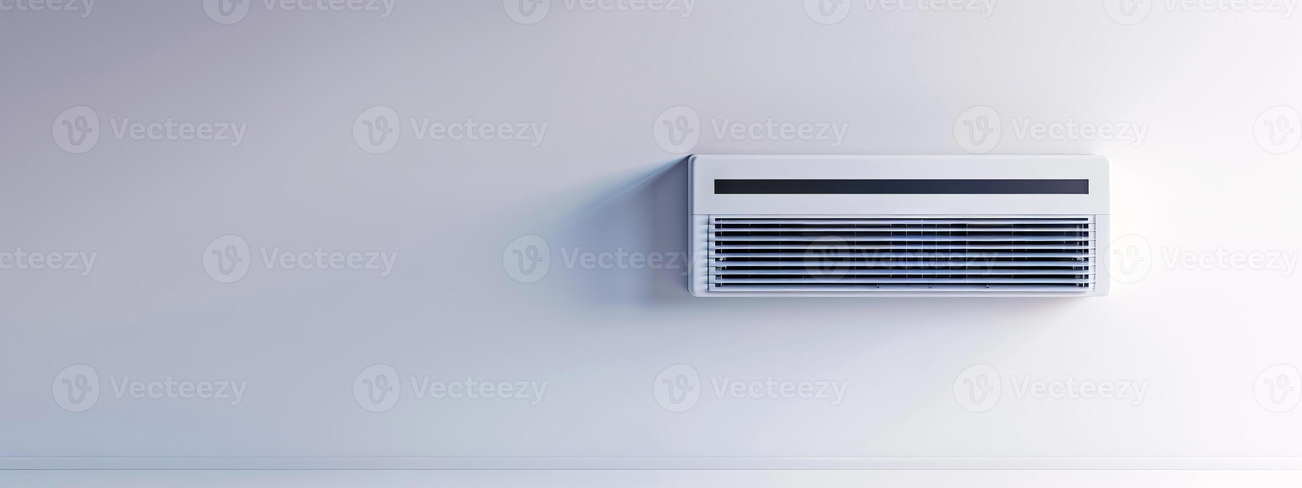 Modern white wall-mounted air conditioning unit in a minimalist room. Concept of home cooling, ventilation, HVAC system, energy efficiency. Banner. Copy space photo