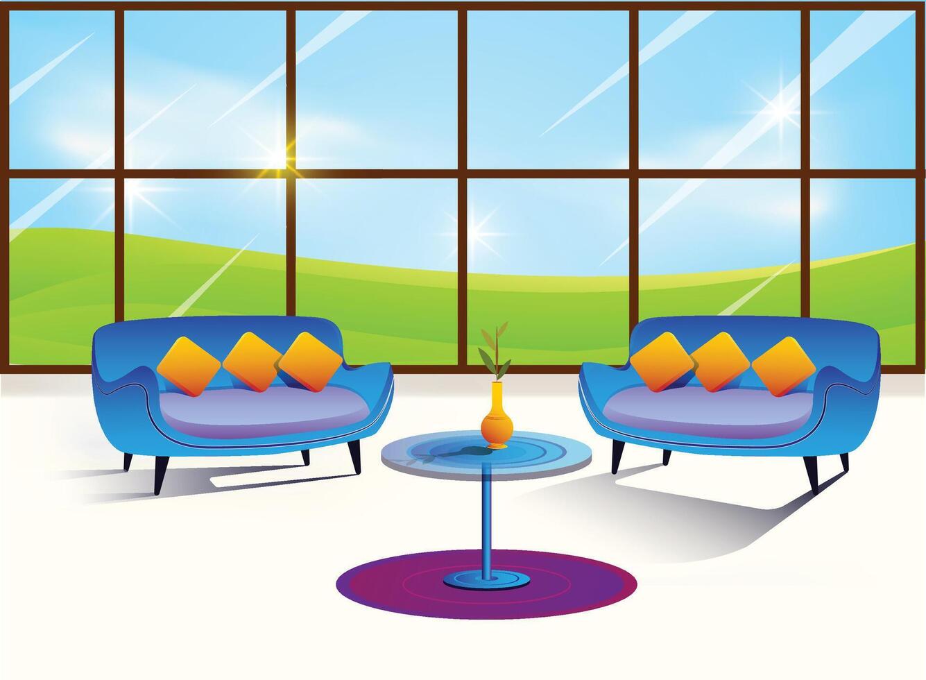 Living Room, Wooden Furniture, Blue Sky with clouds vector