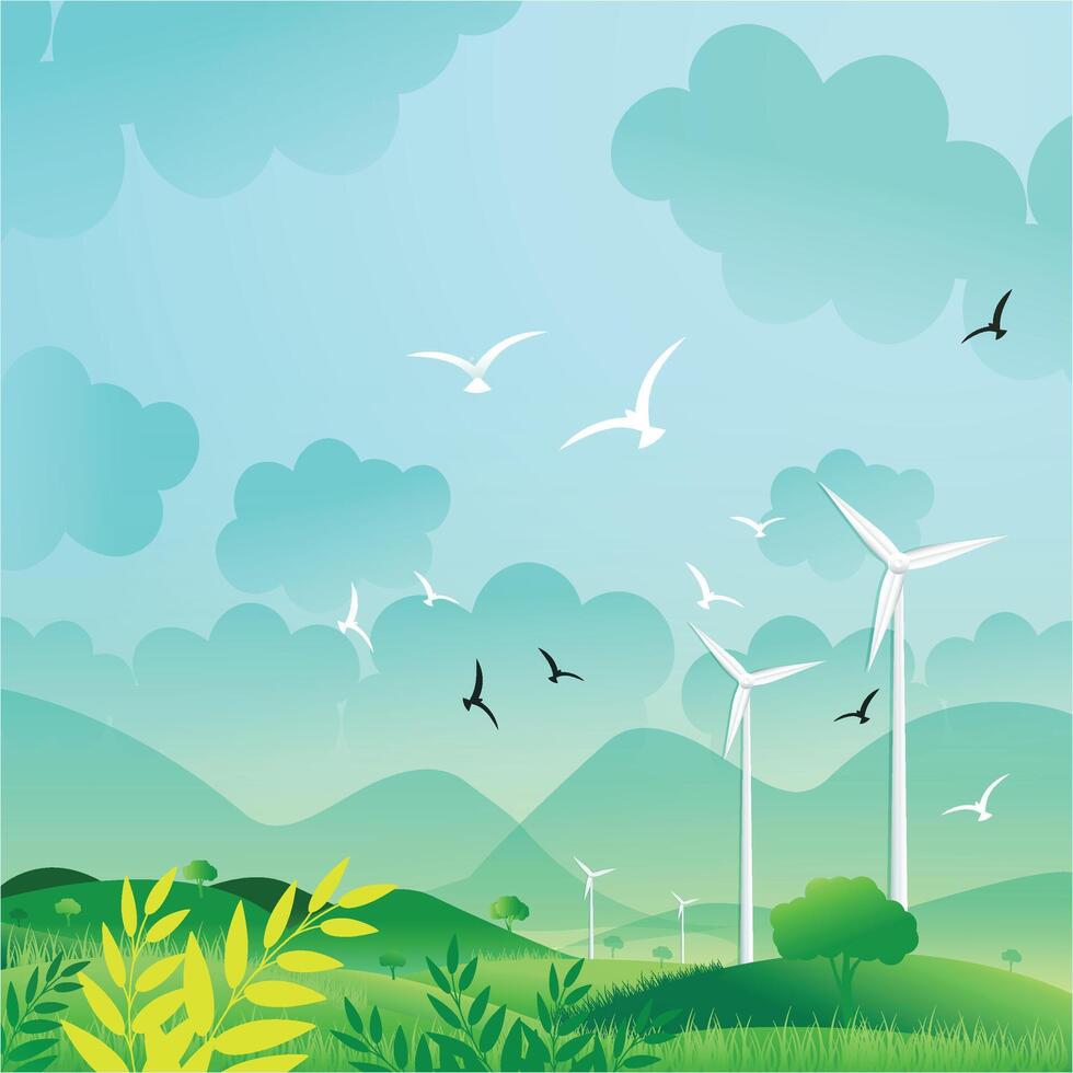 Clean electric energy Wind turbines, electricity resource from air vector