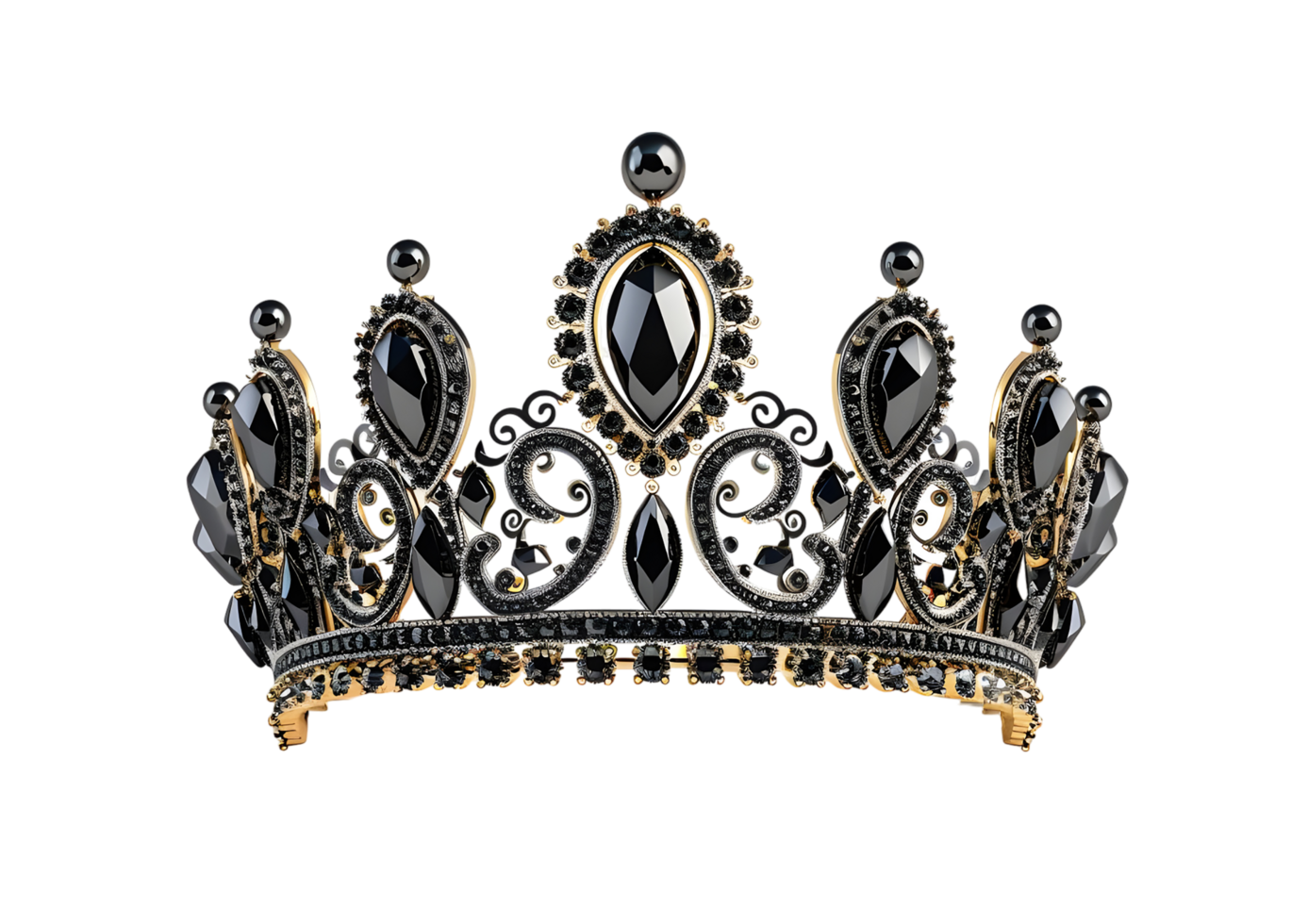 Black and Gold Crown with Gemstones. Isolated on transparent background png
