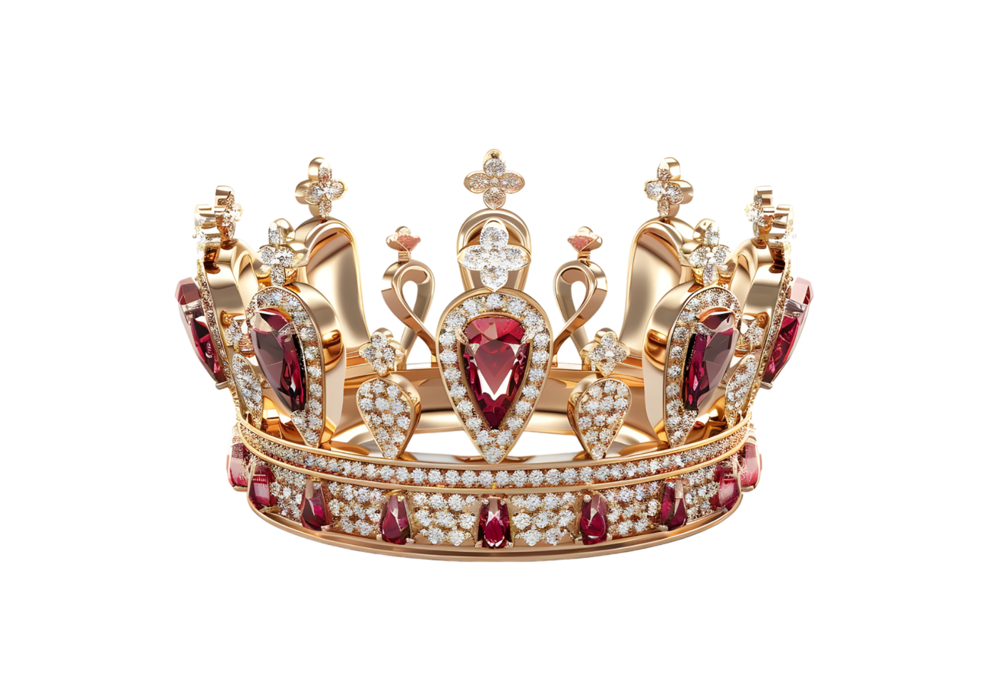 Golden Crown with Red Gemstones and Diamonds. Isolated on transparent background png