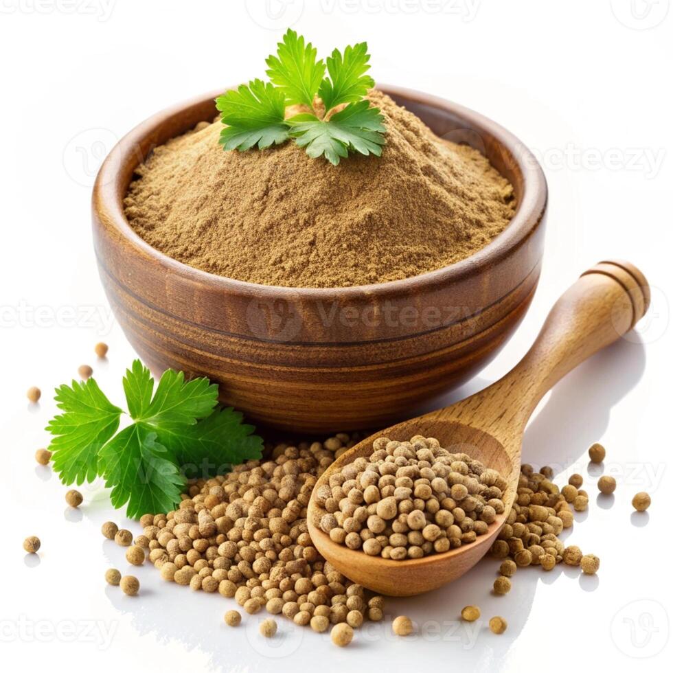 Coriander Powder in Wooden Bowl isolated on a white background photo