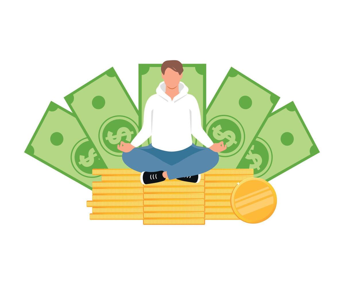 Financial wellbeing, financial guru concept. Man sits in lotus pose on a stack of gold coins with dollar banknotes on the background. Meditating on money, success, cashback vector