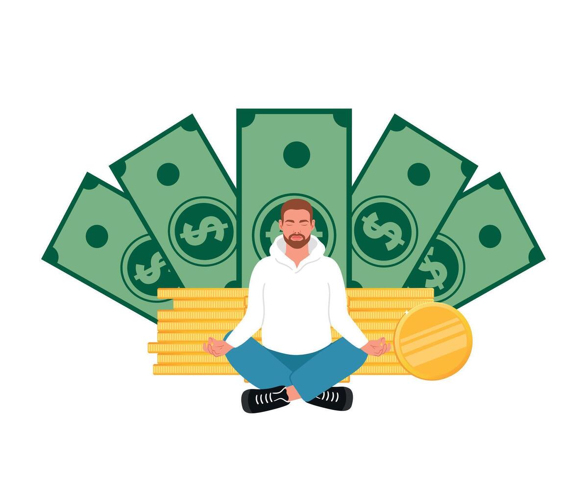 Financial wellbeing. Man sits in lotus pose on a stack of gold coins with dollar banknotes on the background. Meditating on money, success, cashback vector